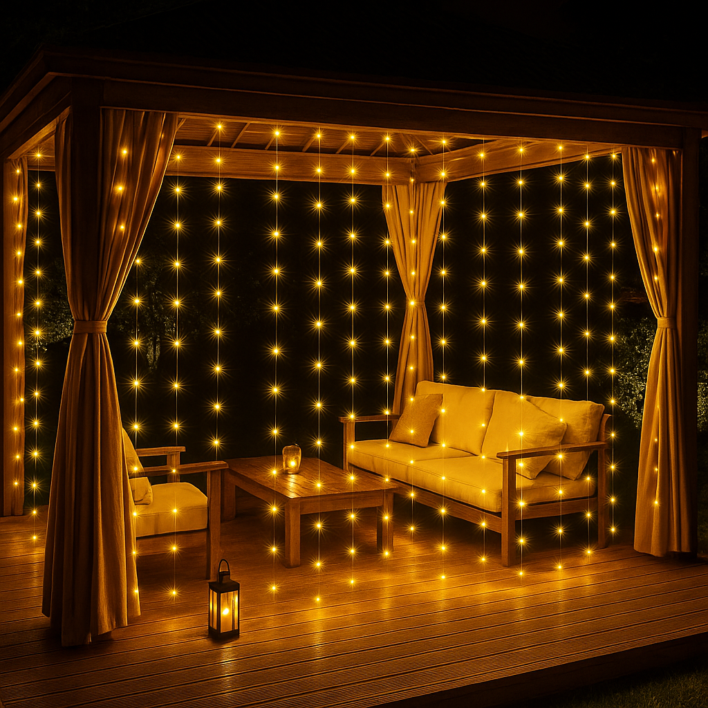 Rideau lumineux solaire LED suspendu sur une pergola en bois, créant une ambiance chaleureuse et féérique dans un jardin de nuit