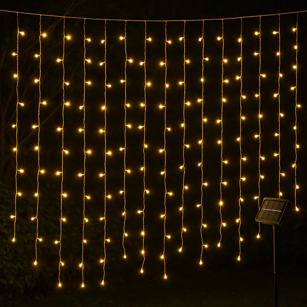 Rideau-lumineux-solaire-extérieur-LED-chaudes-ambiance-féérique-jardin-avec-panneau-solaire