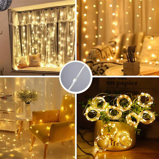 Rideau lumineux LED utilisé en décoration intérieure, installé dans une chambre et un salon pour créer une ambiance chaleureuse et cosy