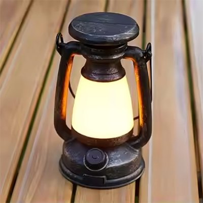 Lampe de camping lumière ambrée, boîtier métallique robuste et anse de suspension 