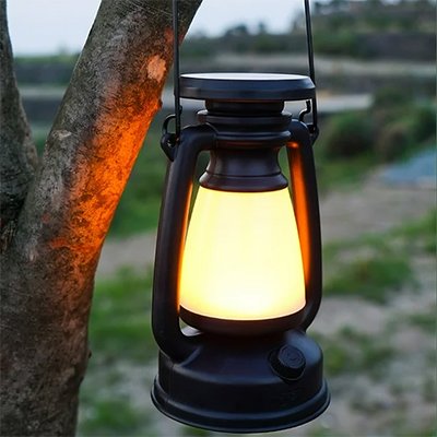 Lampe de camping rechargeable par énergie solaire, style ancien, éclairage chaleureux