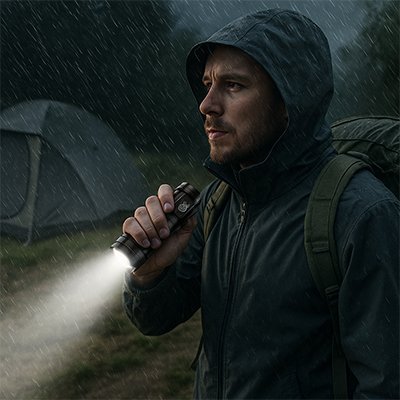 Lampe de poche étanche utilisée sous la pluie